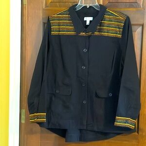 Denim & Co. Twill Utility Jacket Black Sz XL Button front A378280 embroidery EUC